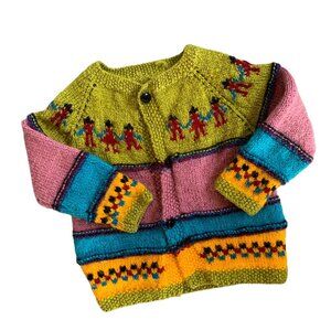 Vintage Hand Knit Boho Colorful Textured Cardigan 18-24 Months